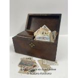 ANTIQUE TEA CADDY FULL OF ASSORTED CIGARETTE CARDS