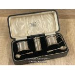 CASED MINI HALLMARKED SILVER CONDIMENT SET WITH BLUE GLASS INTERIORS BY D&B