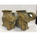 A PAIR OF LARGE CERAMIC PAINTED PEDESTAL ELEPHANTS, 42CM HIGH