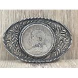 CHINESE WHITE MWTAL BELT BUCKLE WITH FACSMILE COIN