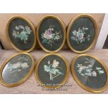 A SET OF SIX OLD CHINESE SILK EMBROIDERY FLOWERS IN OVAL FRAMES. 26 X 33 CM