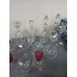 CUT GLASS DECANTERS, ETCHED GLASS MUGS