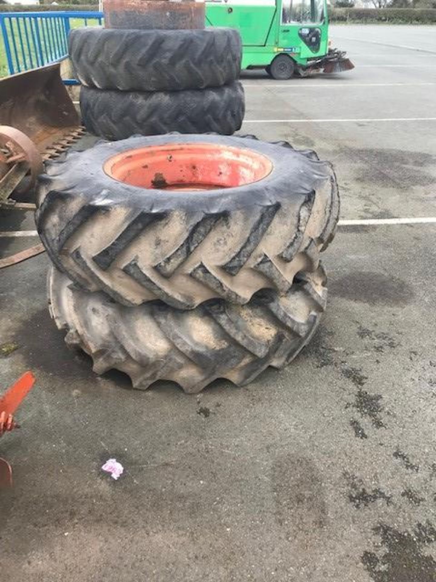 PAIR OF 16.9 X 28 WHEELS AND TYRES. EX JCB