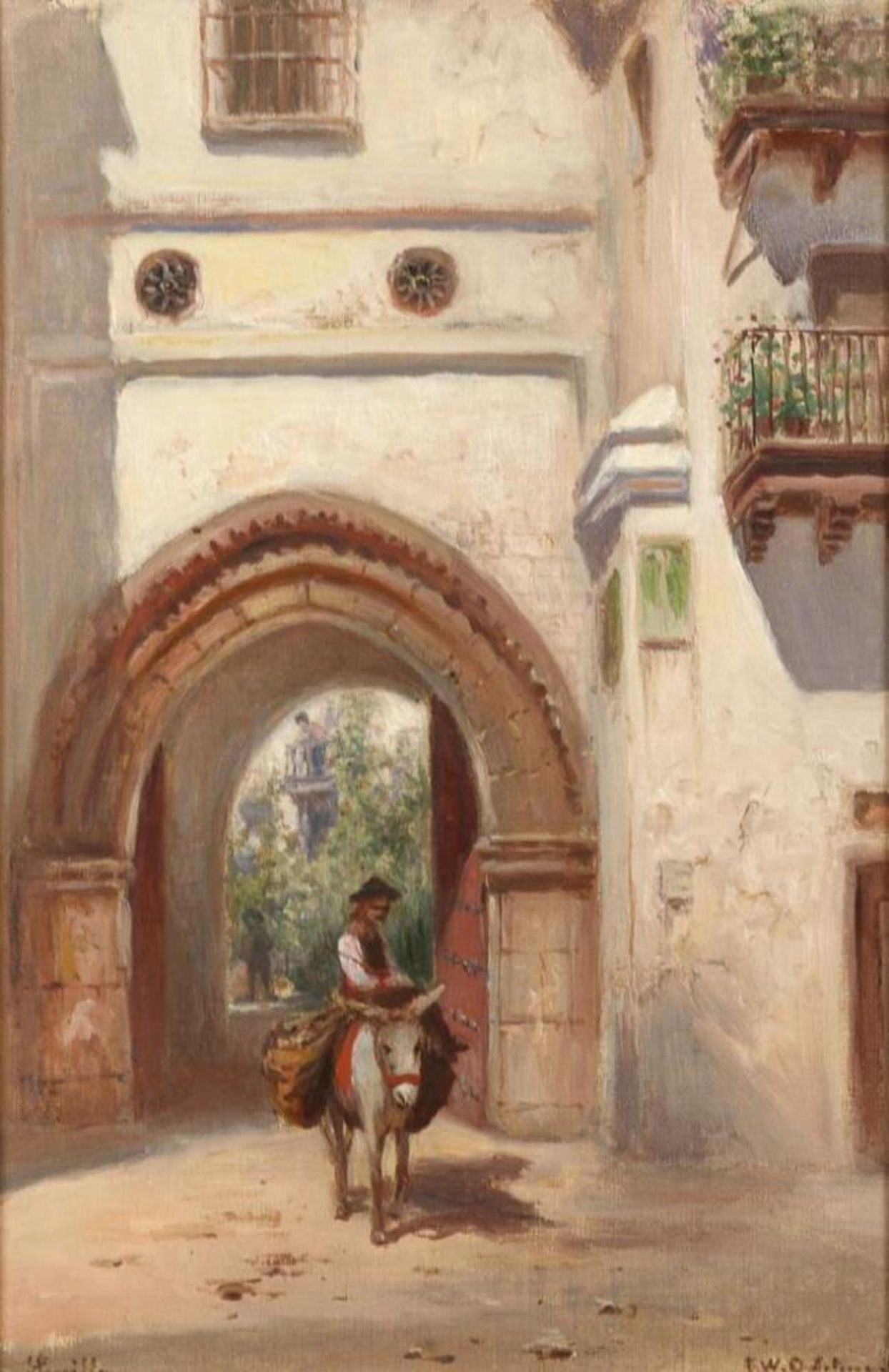 ODELMARK, Frans Wilhelm (1849 Västervik - 1937 Stockholm). Stadttor mit Esel und Reiterin in Sevilla