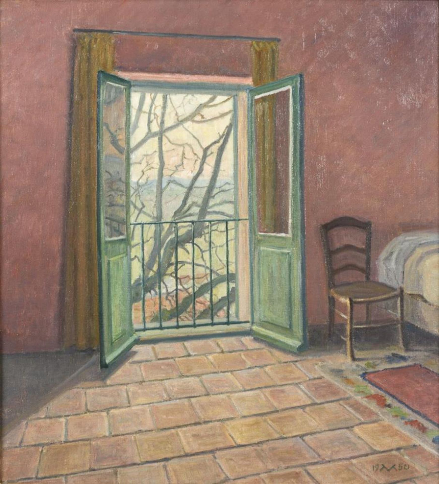 MADSEN, Viggo (1885 Kongens Lyngby - 1954 Kopenhagen). Interieur mit Blick aus dem Fenster.