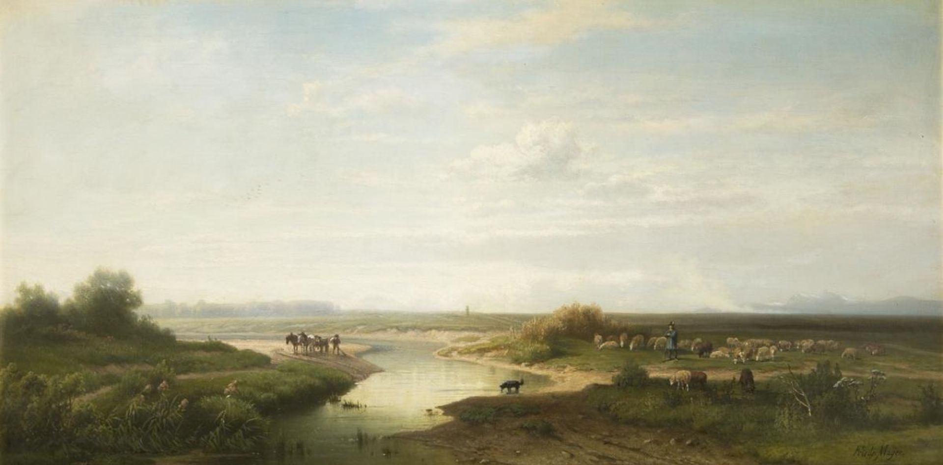 MAYER, Friedrich (1825 München - 1875 München). Weite Flusslandschaft mit Schafherde.