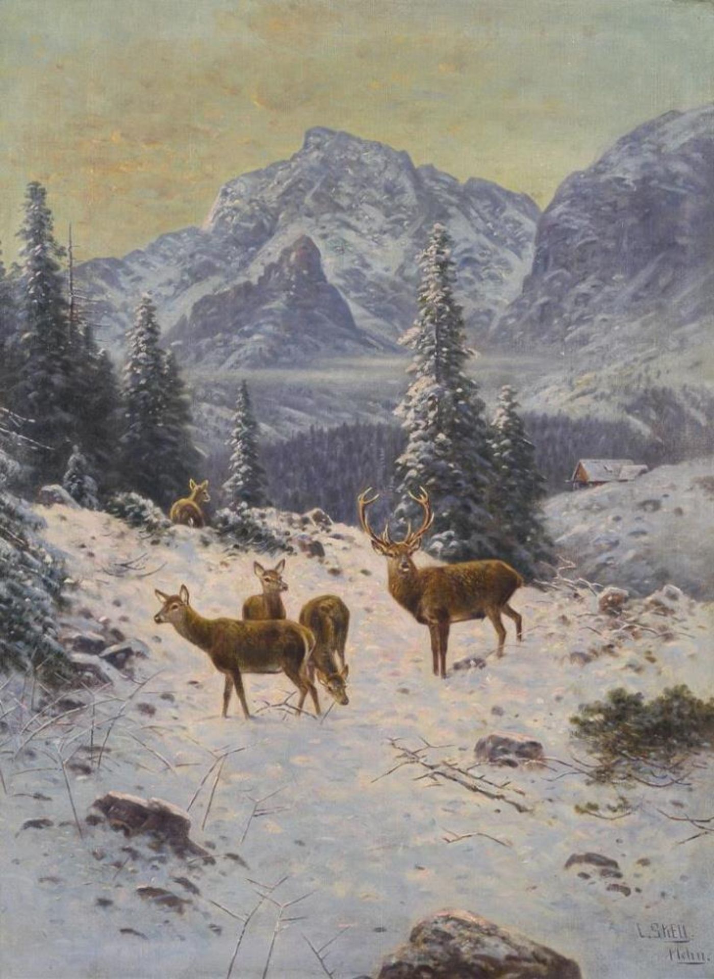 SKELL, Ludwig (1842 Obergünzburg - 1905 München). Rotwild im verschneiten Gebirge.