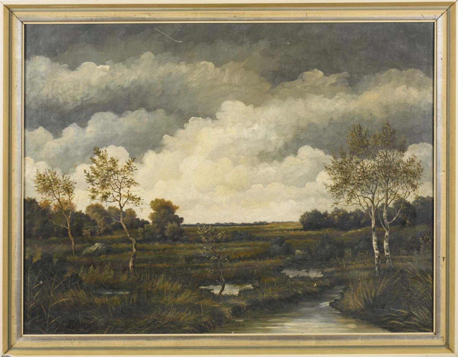 Undeutlich signiert: Landschaft mit Birken und Teich - Bild 2 aus 3