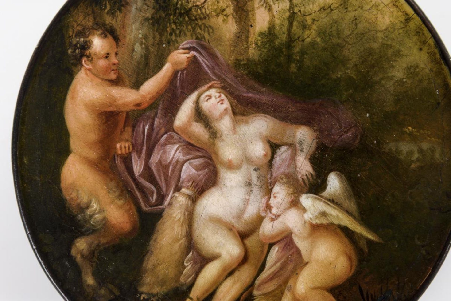 Hochwertig bemalte Lackdose: Jupiter und Antiope. Lackwarenmanufaktur Evers(?). - Bild 2 aus 4