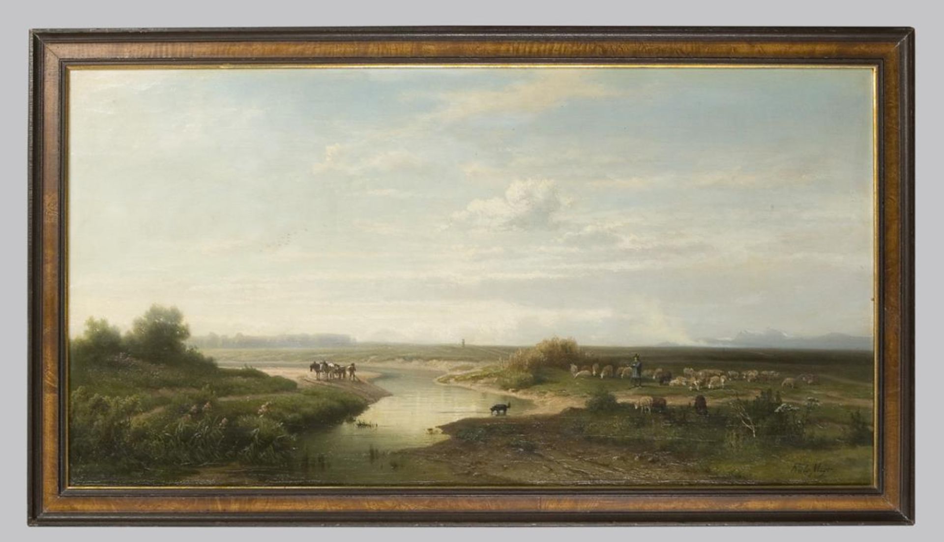MAYER, Friedrich (1825 München - 1875 München). Weite Flusslandschaft mit Schafherde. - Bild 3 aus 5