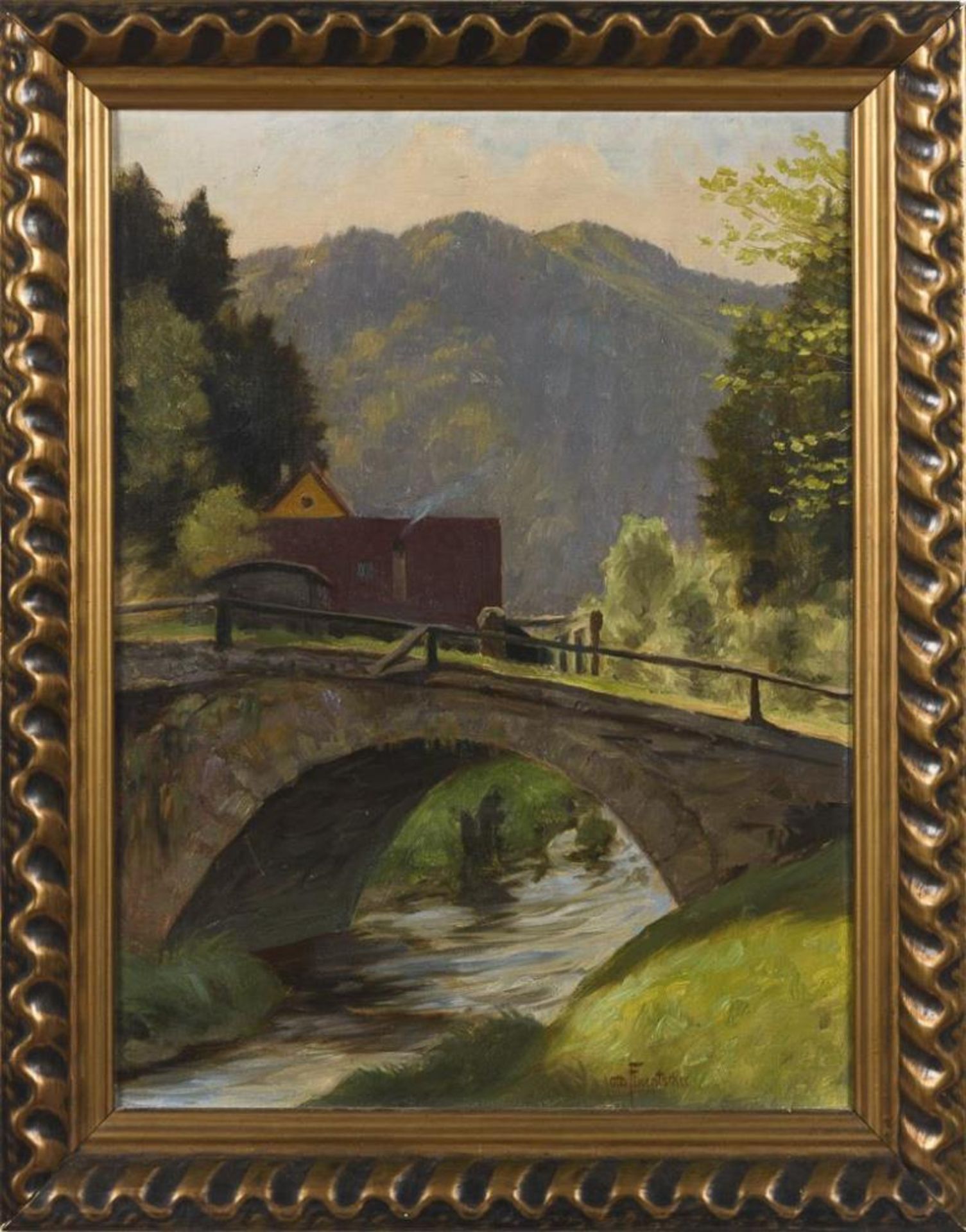 FIKENTSCHER, Otto (1862 Zwickau - 1945 Baden-Baden). Sonnige Landschaft mit Brücke. - Bild 2 aus 3