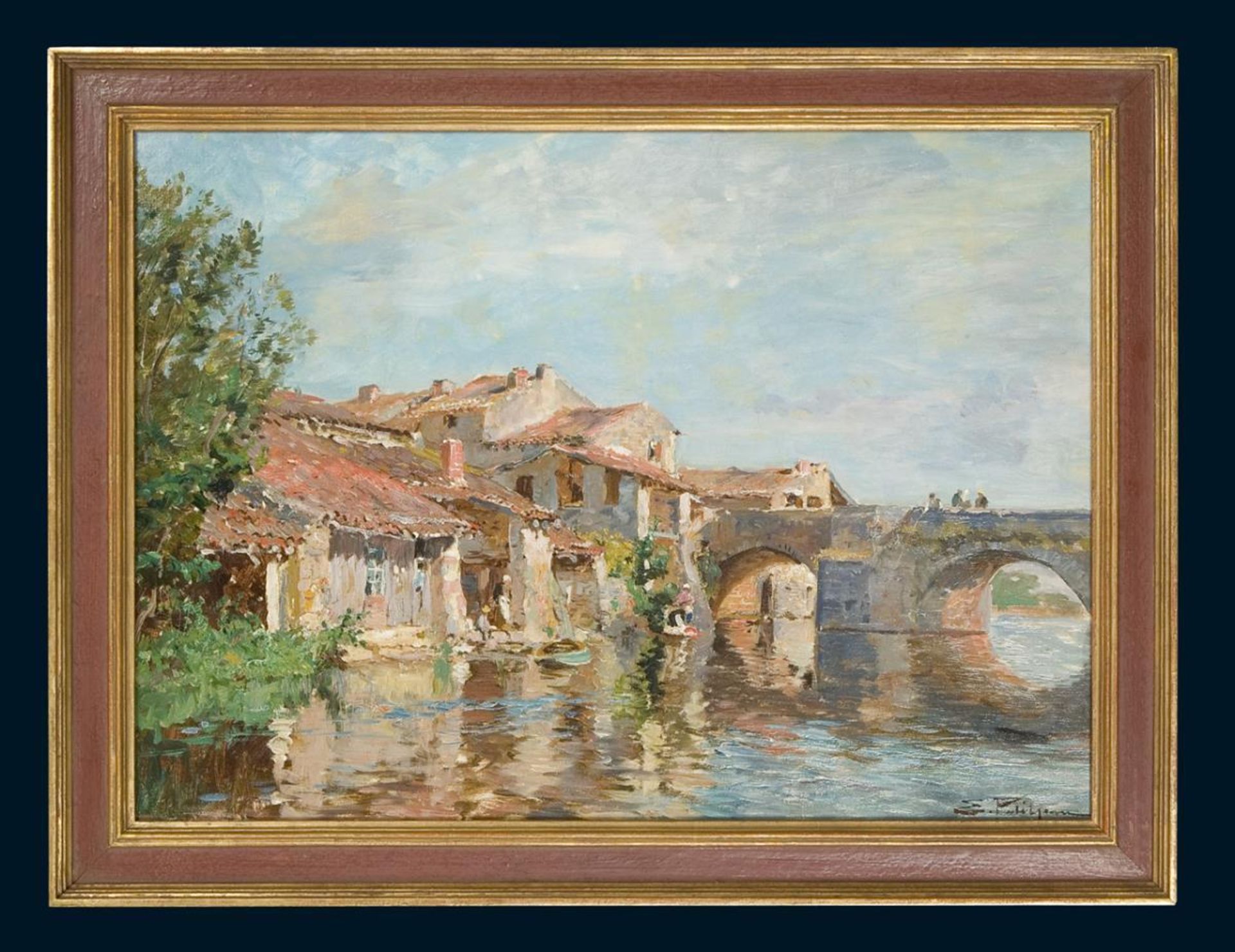 PETITJEAN, Edmond Marie (1844 Neufchâteau - 1925 Paris). Stimmungsvolle Dorfansicht am Fluss. - Bild 2 aus 4