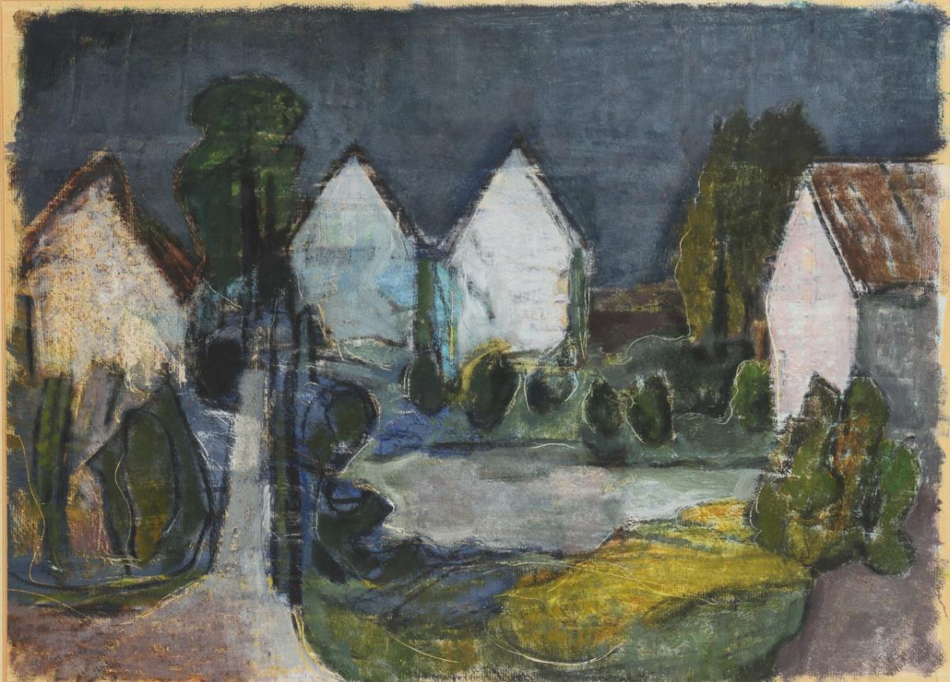 Monogrammist: Landschaft mit Häusern und Teich