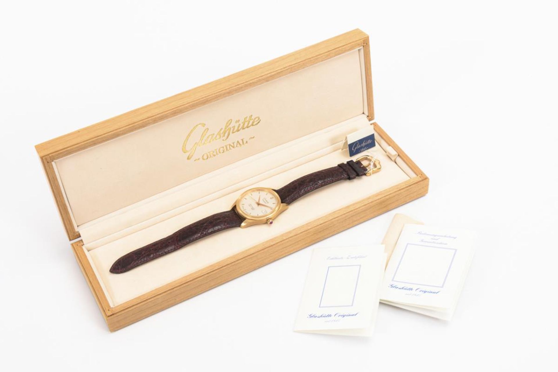 Goldene GLASHÜTTE ORIGINAL-Armbanduhr "Automatic 1845-1995" zum 150-jährigen Firmenjubiläum - Bild 2 aus 5