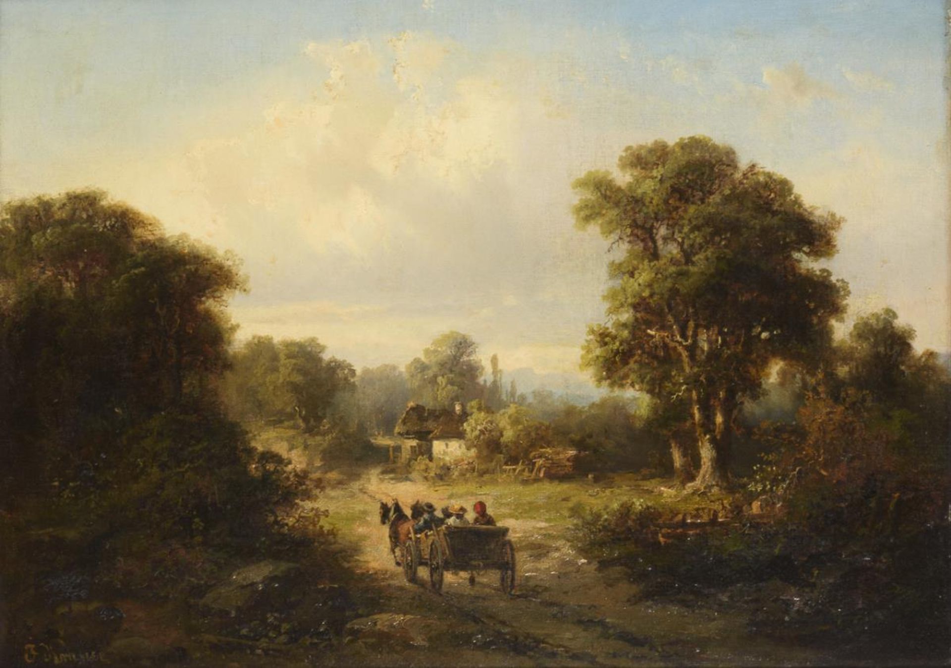 KRAUSE, Franz Emil (1836 Niederschönhausen - 1900 Conway/Wales). Pferdewagen nahe einer Hütte am Wal