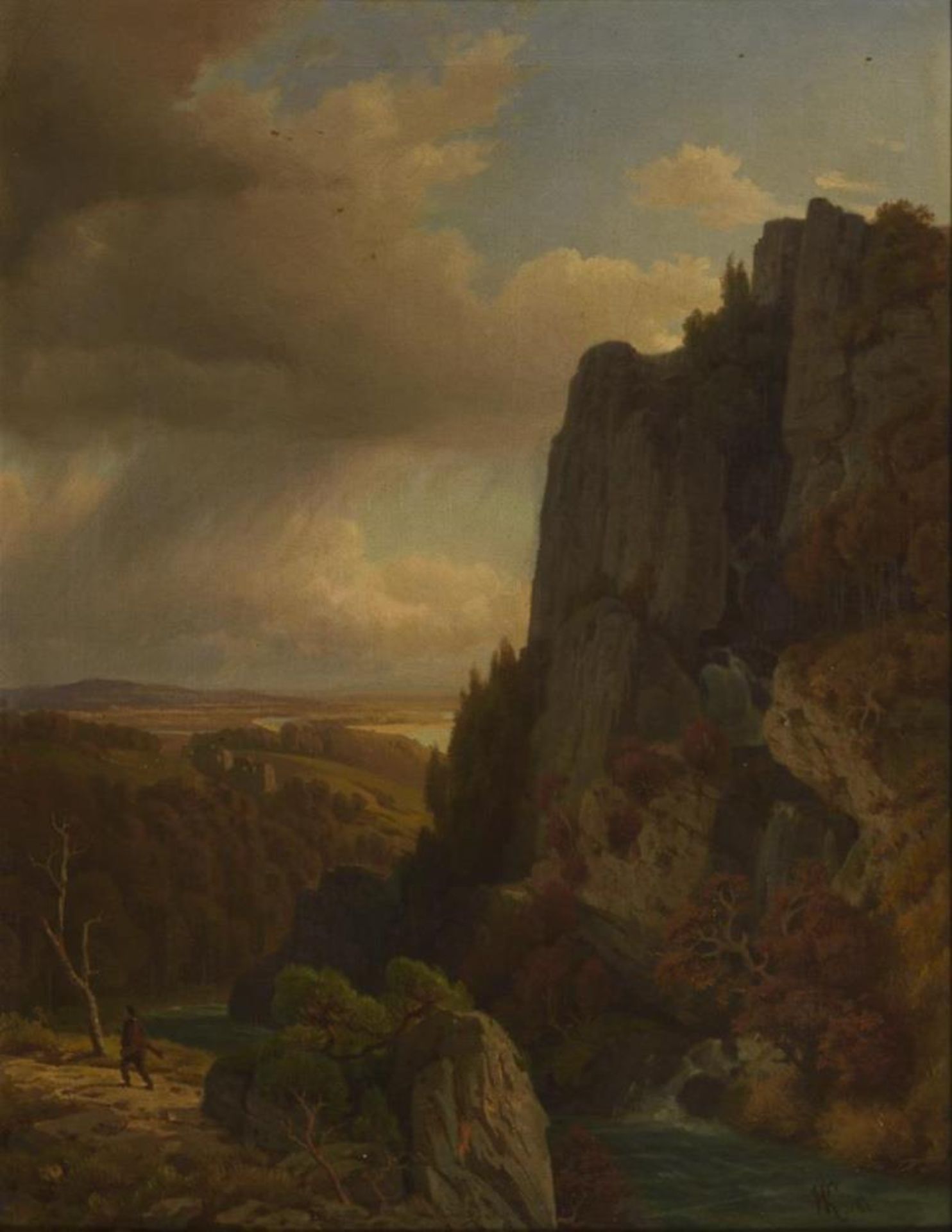 KÖNIGSBRUNN, Hermann von (1823 Radkersburg/Steiermark - Graz 1907). Gebirgsfluss an steiler Klippe.