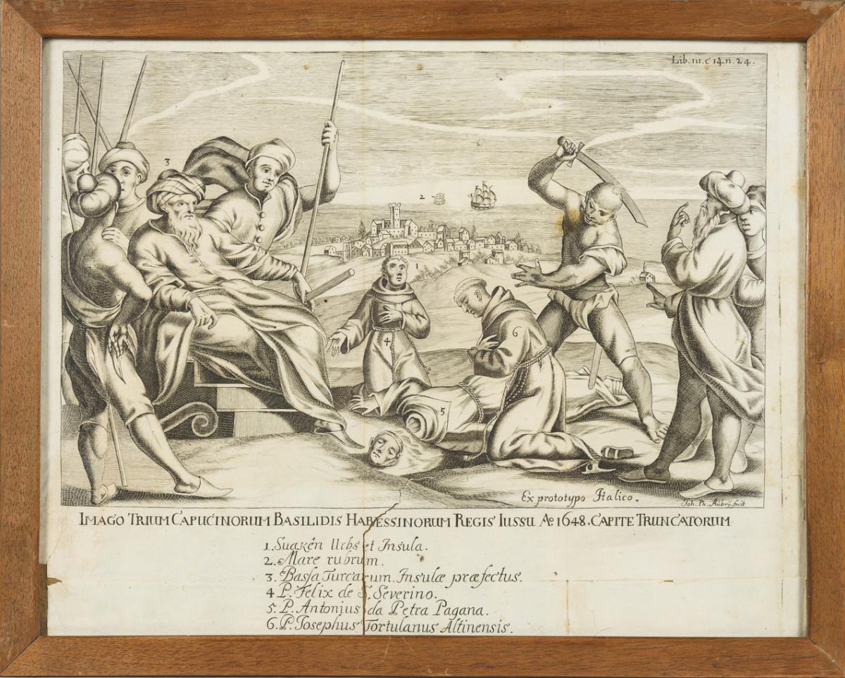 AUBRY, Johann Philipp (*ca. 1660). Historienbild: Enthauptung von drei Kapuzinern in Äthiopien. - Image 2 of 2