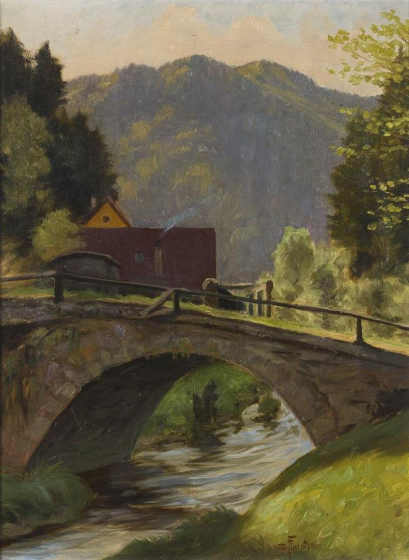 FIKENTSCHER, Otto (1862 Zwickau - 1945 Baden-Baden). Sonnige Landschaft mit Brücke.