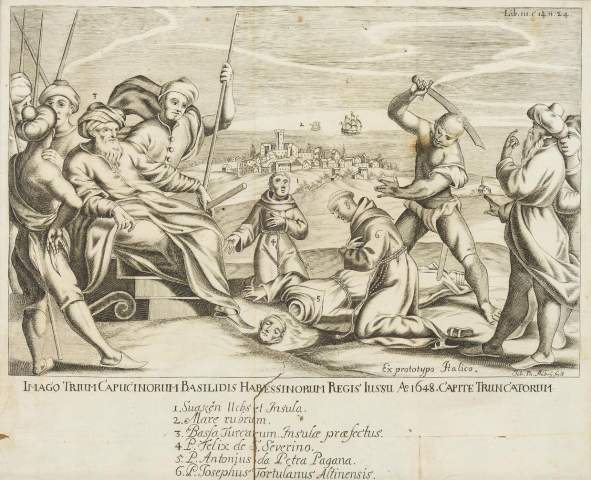 AUBRY, Johann Philipp (*ca. 1660). Historienbild: Enthauptung von drei Kapuzinern in Äthiopien.