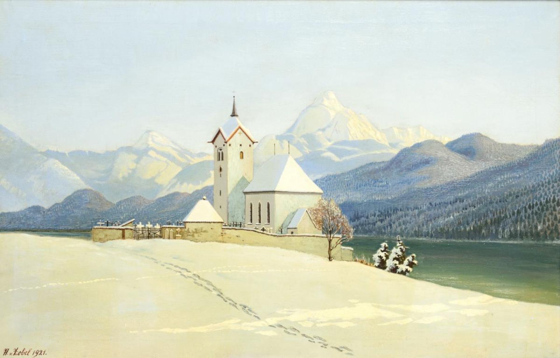 ZOBEL, H. v.. Kirche im Schnee wohl vor dem Watzmann.