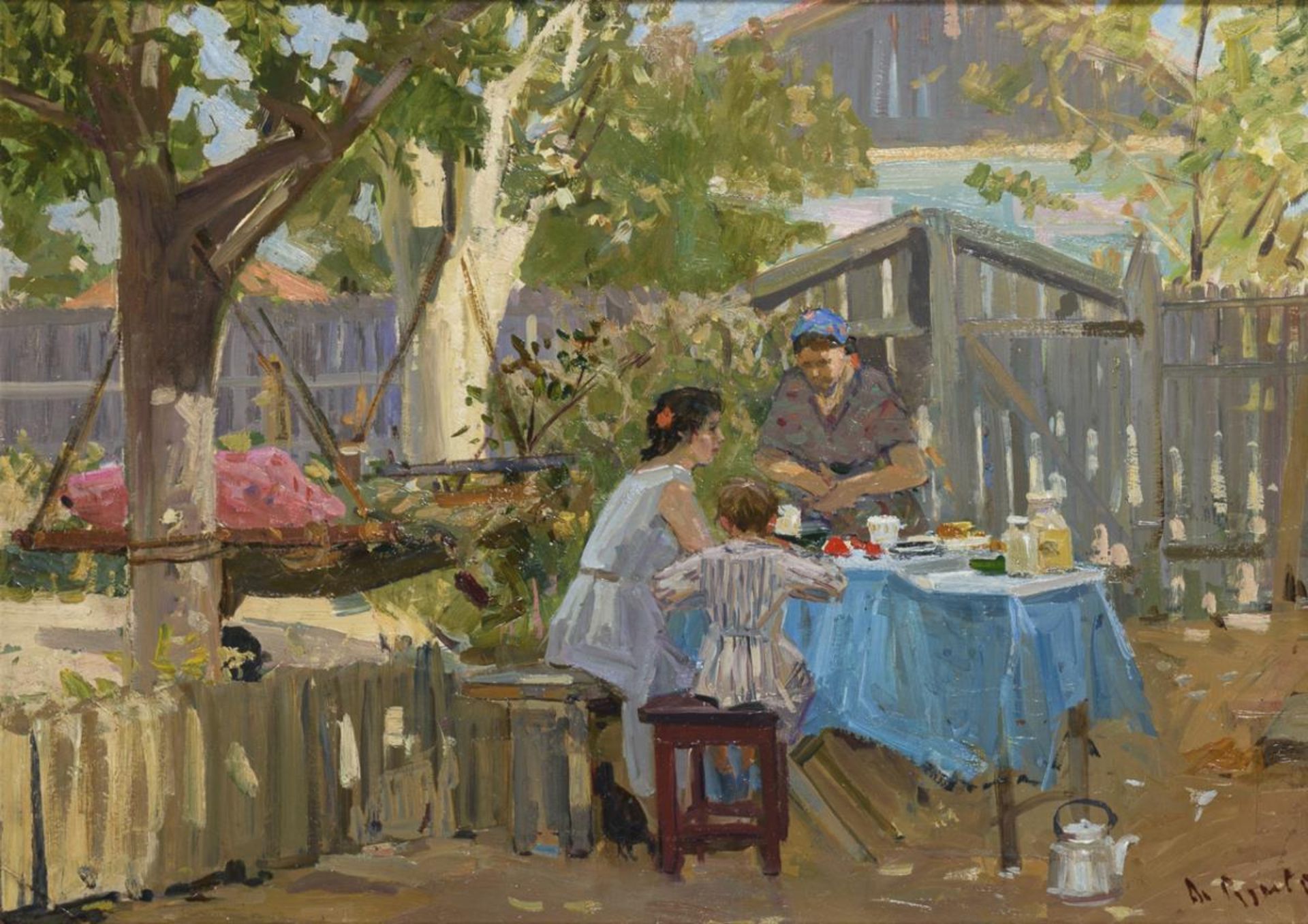 RUDNEV, Grigory Leontievich (Руднев, Григорий Леонтьевич) (* 1906 Volgograd). Nachmittag im Garten.