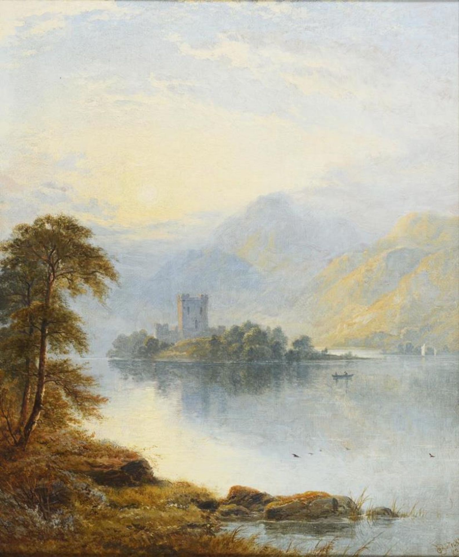 STICKS, George Blackie (1843 - 1938). Irische Landschaft mit kleiner Burg auf einer Insel.