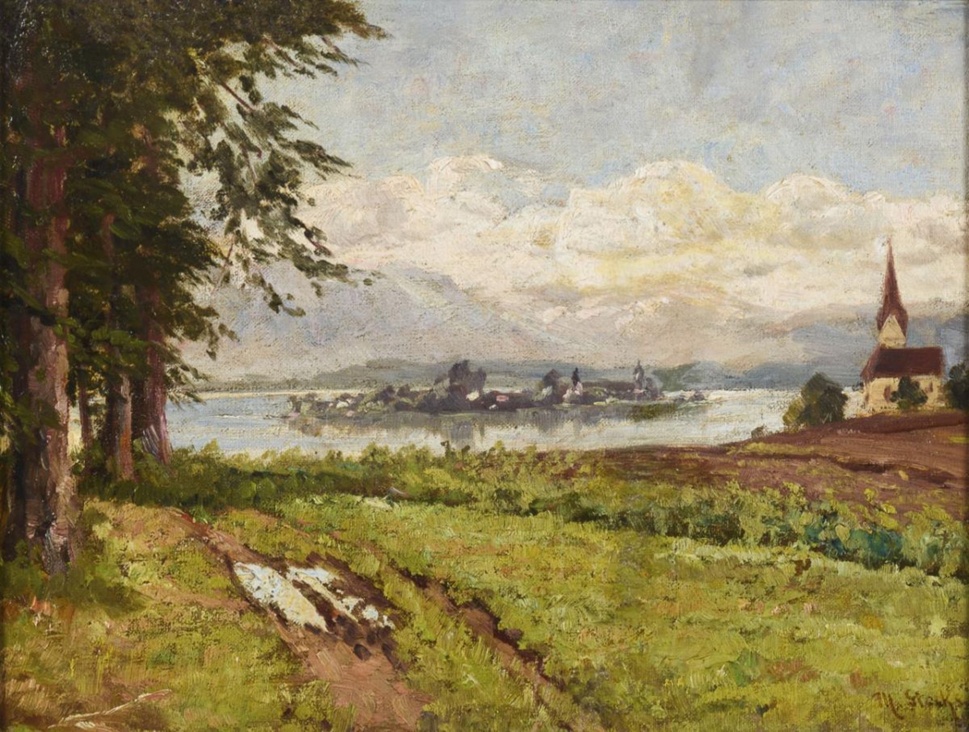 STOCKS, Minna (1846 Schwerin - 1928 Hinzenhagen). "Blick von Gstadt auf die Fraueninsel".