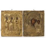 Zwei Ikonen mit Maria und Jesus sowie drei Heiligen mit Oklad