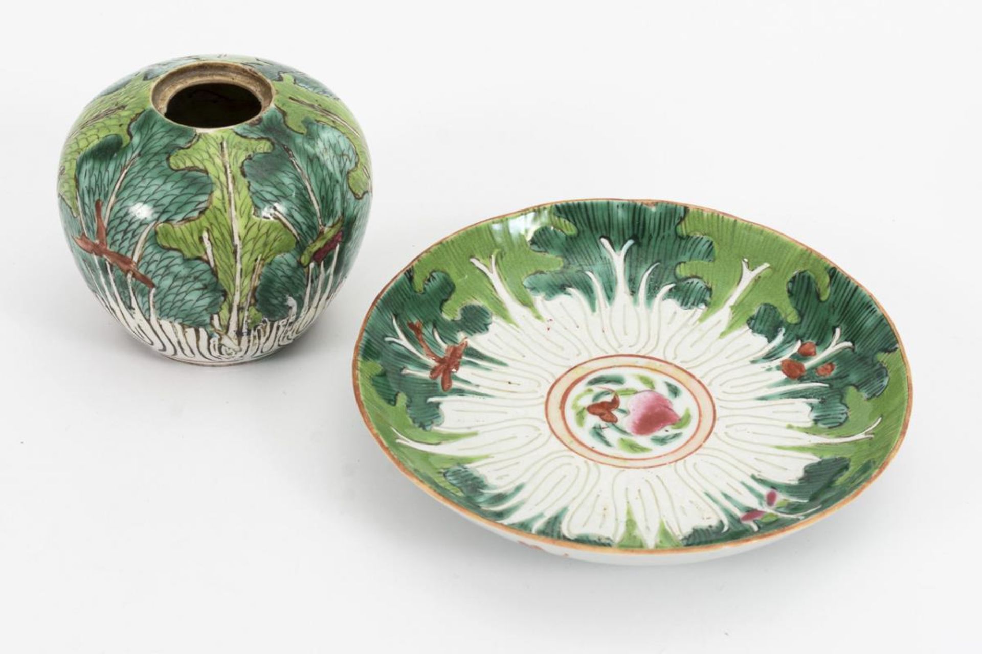2 Vasen und 1 Schälchen mit grünem Blattdekor. - Image 2 of 4