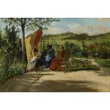 Französischer Impressionist 19. Jh.: Nähende Frauen im Garten.