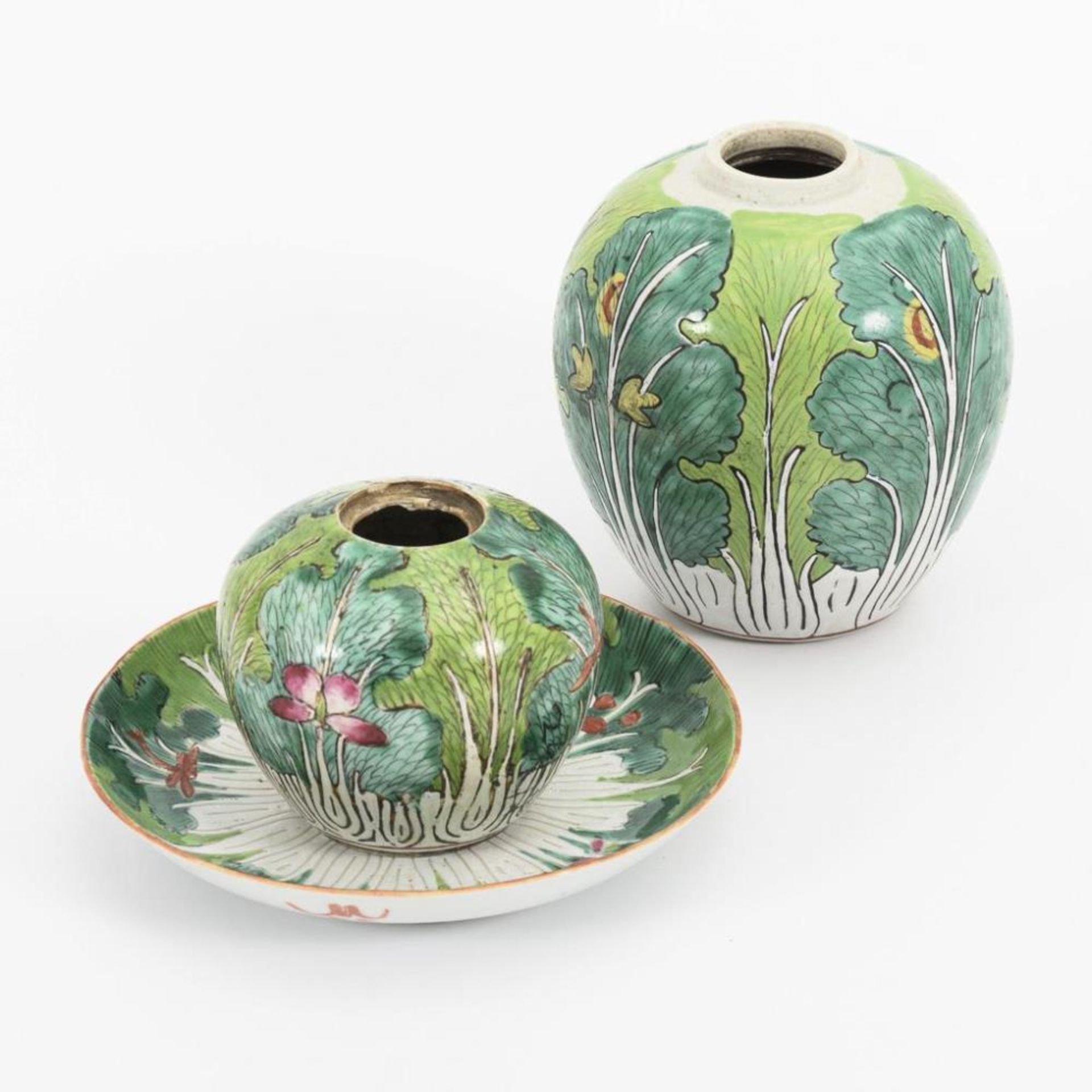 2 Vasen und 1 Schälchen mit grünem Blattdekor. - Image 3 of 4