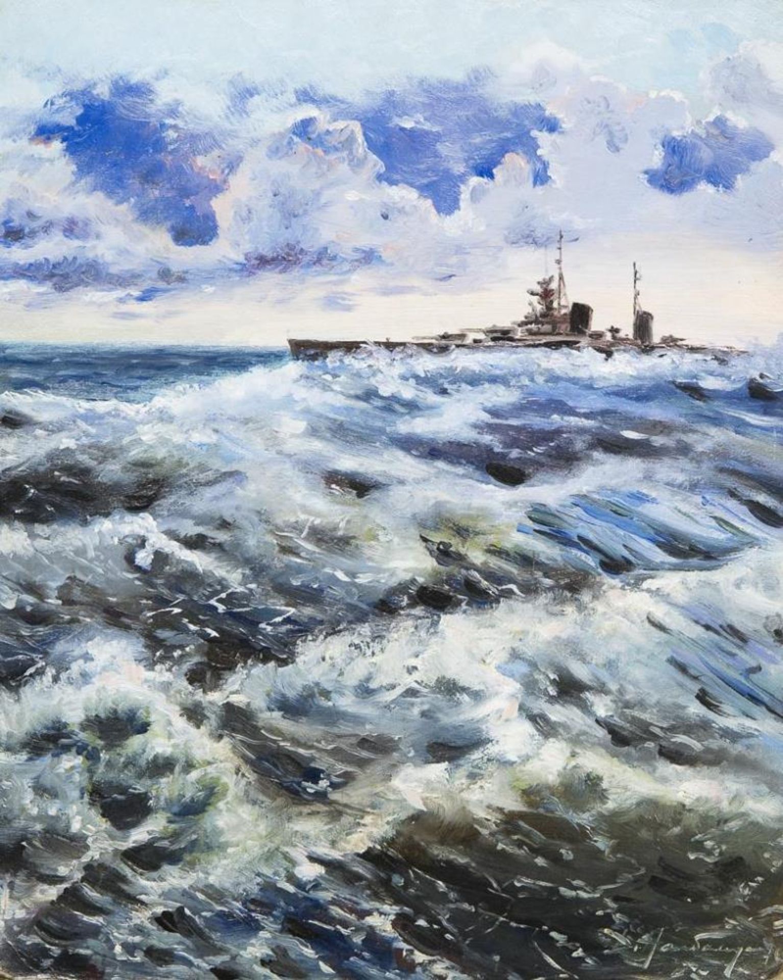 RUSSISCHER MALER 20. JAHRHUNDERT. Schlachtschiff auf stürmischer See.
