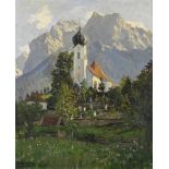 THEIS, Heinz (1894 Holz/Saarland - 1966 Garmisch-Partenkirchen). Alpenlandschaft mit Kirche.