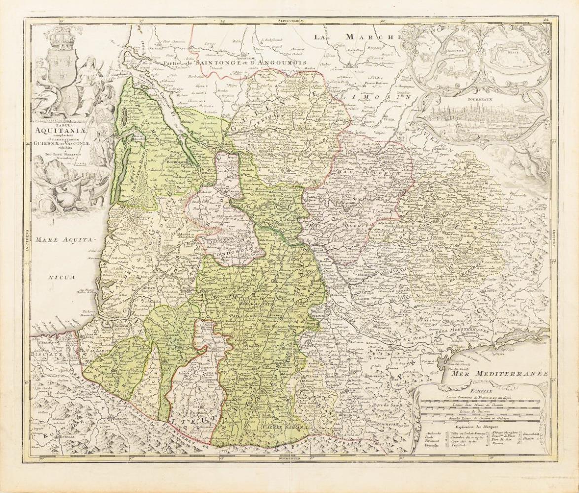 HOMANN, Johann Baptist (1664 Oberkammlach - 1724 Nürnberg). Landkarte der französischen Region Aquit