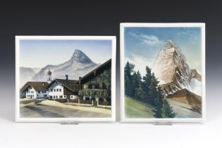 2 Porzellangemälde: Matterhorn und Dorfansicht. Rosenthal.