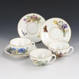 3 Jugendstil-Tassen mit Blumen- und Insektenmalerei. Meissen.