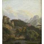 Biedermeiermaler um 1840/50: Gebirgslandschaft mit Burg.