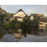 KLINGEMANN, Hugo (1869 Wittmund - 1942 Stuttgart). Flusslandschaft mit Häusern.