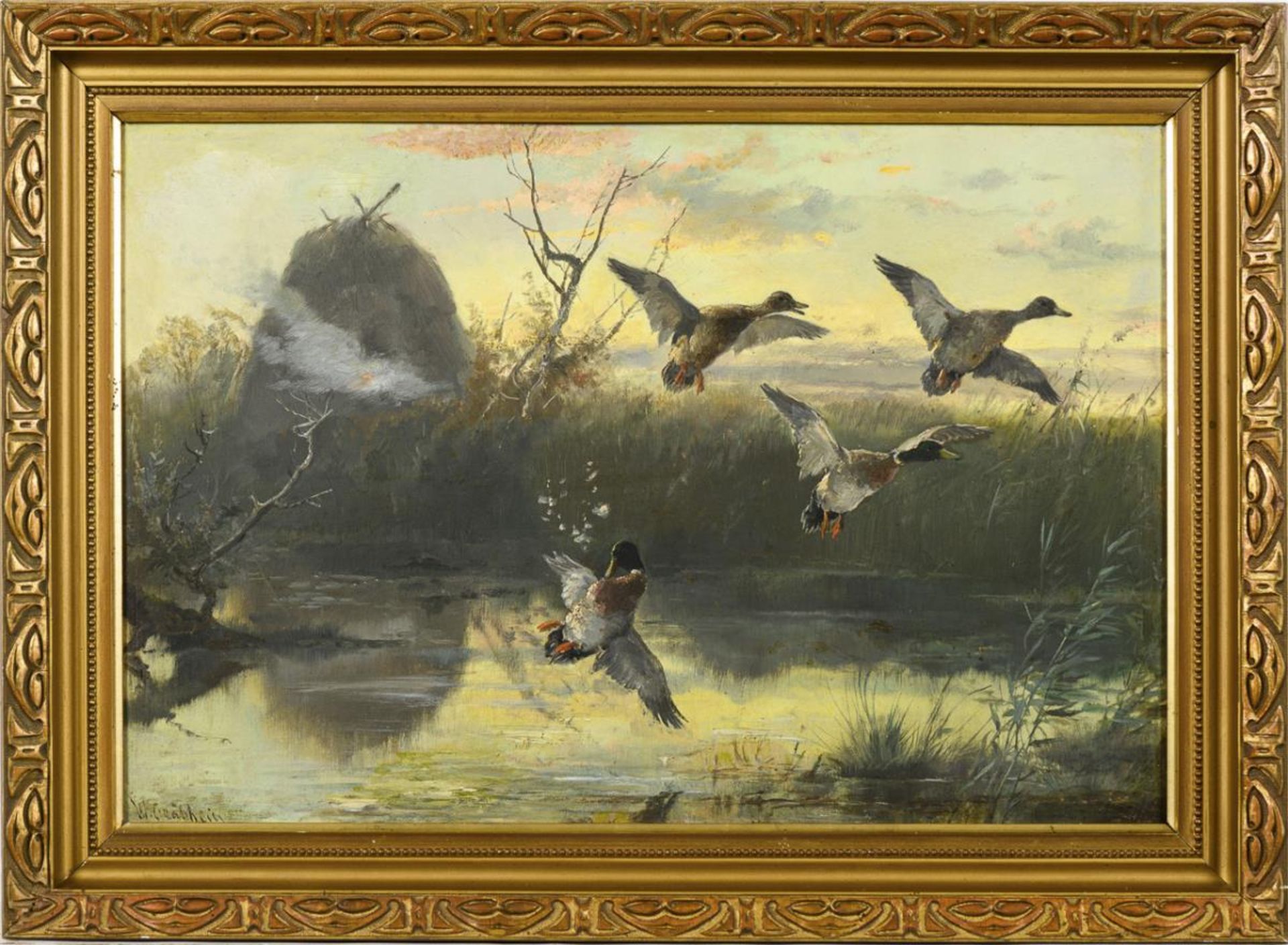 GRÄBHEIN, Wilhelm (1859 Bienstädt - 1931 München). Jagdbild: Enten am Weiher. - Bild 2 aus 3