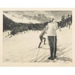 MAENNCHEN, Albert (1873 Rudolstadt - 1935 Berlin). 3 gleiche Darstellungen mit Skifahrenden.