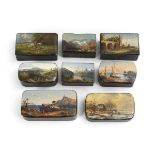 Sammlung von acht Lackdosen mit Landschaftsmalerei.