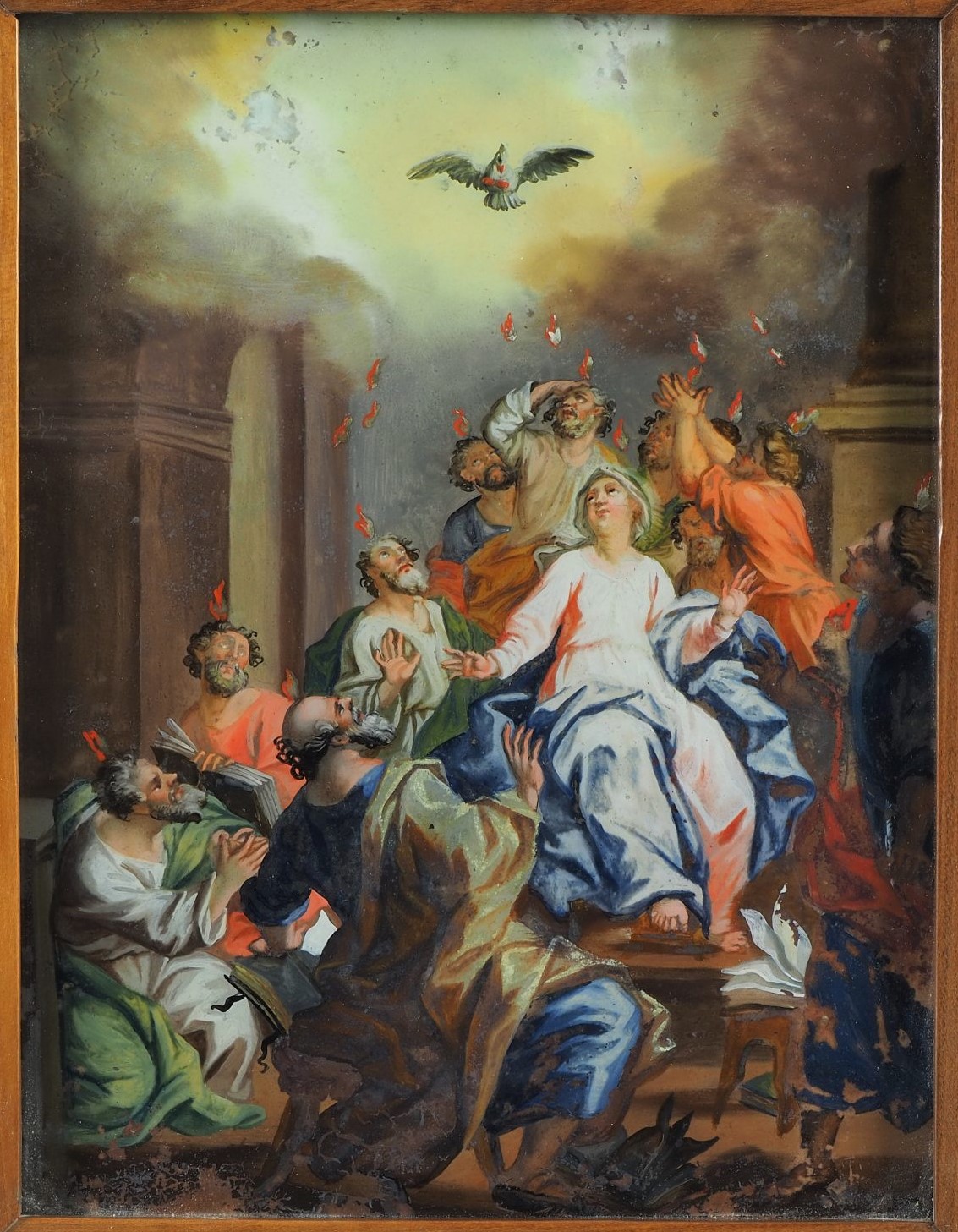 Reverse glass painting 19th c. - Pentecost / outpouring of the Holy Spirit.