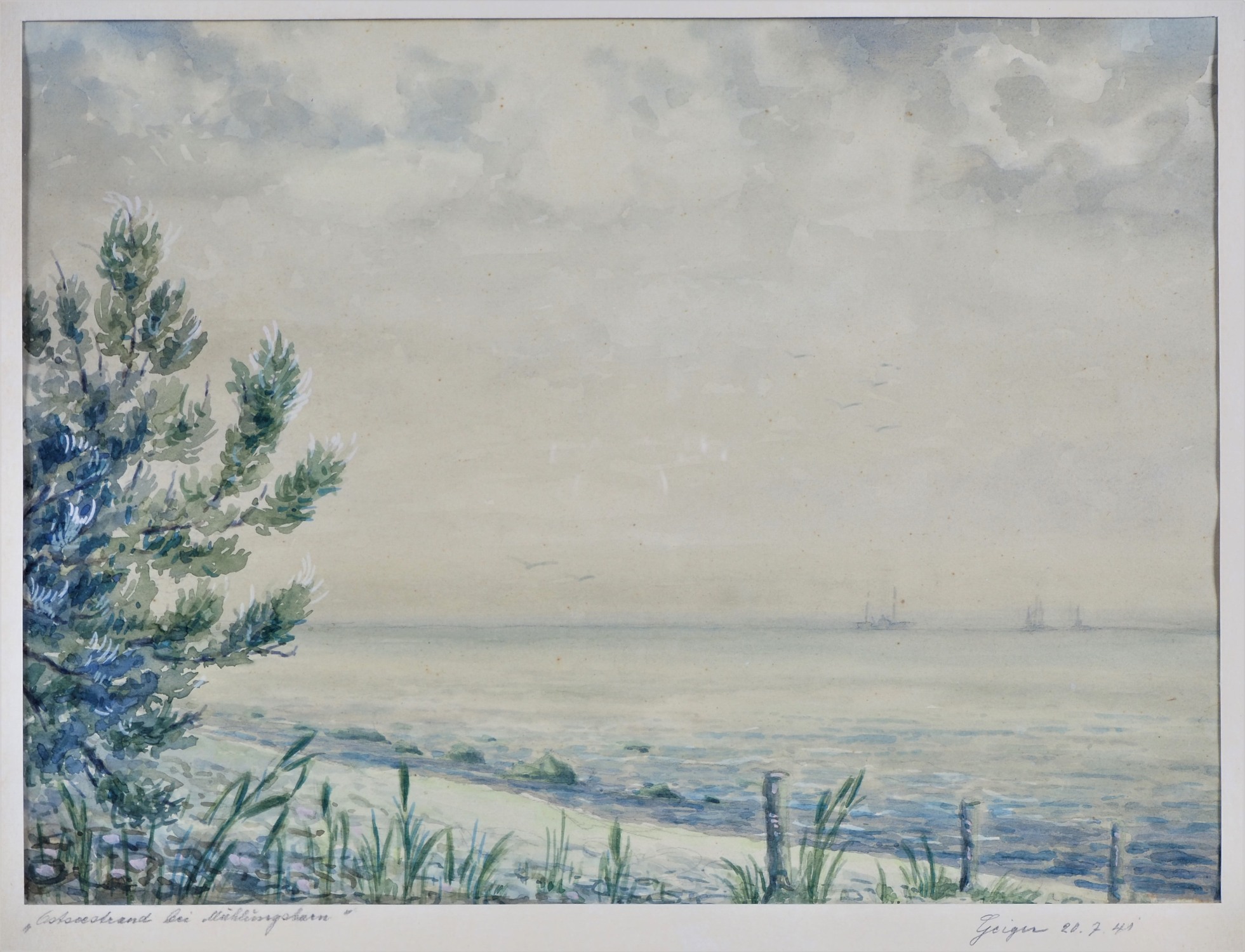 Watercolor Baltic Sea beach, sign. "Geiger", 1941