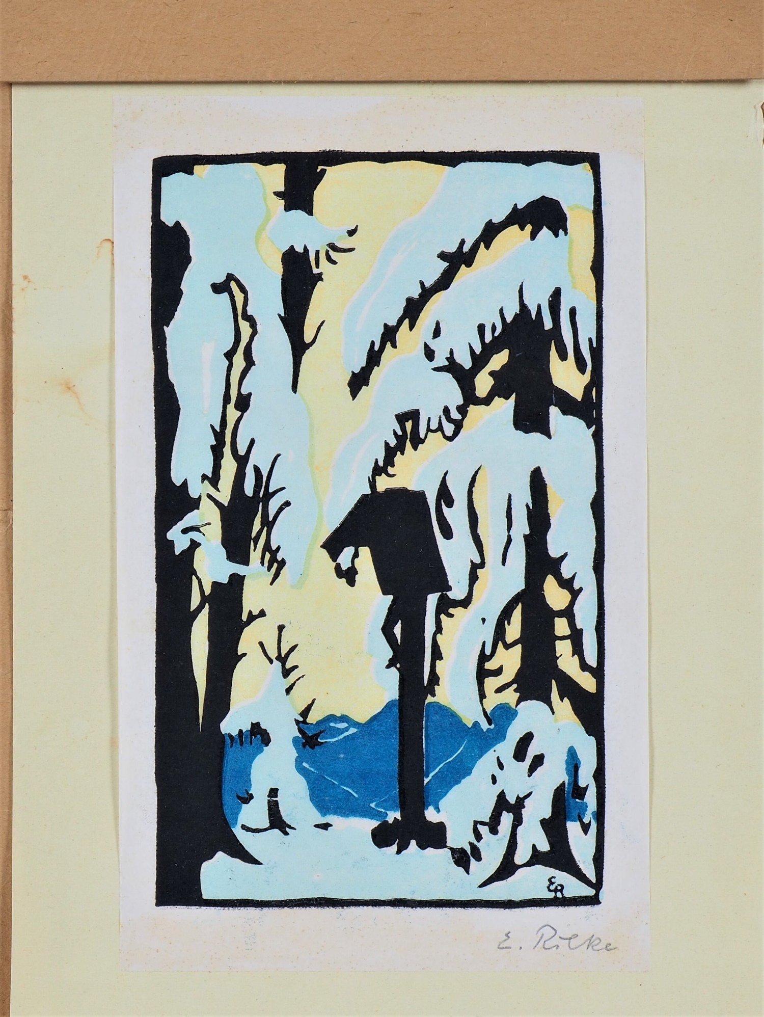 Color woodcut snowy forest with wayside cross - sign. E. Rilke