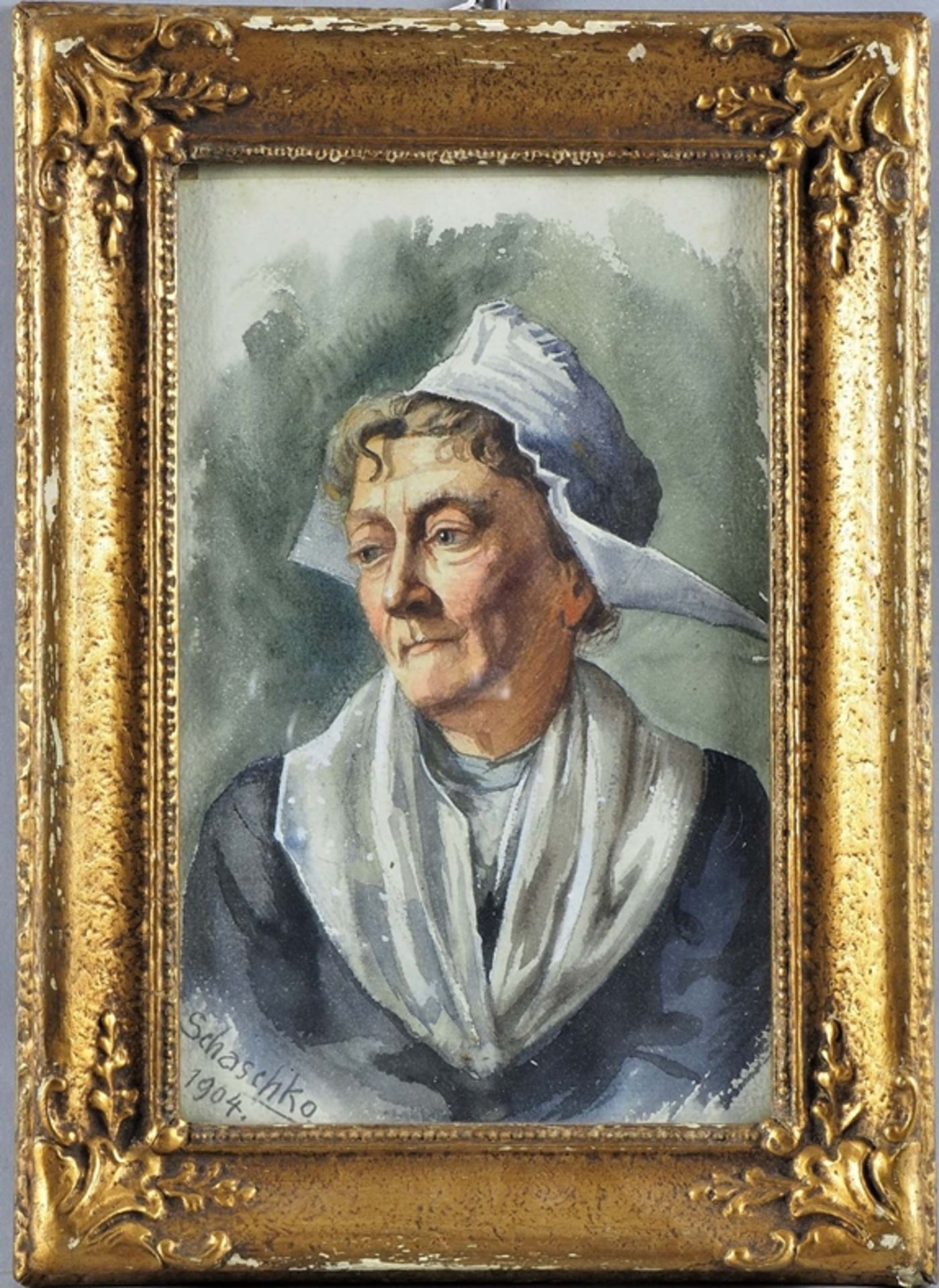 Jan Johann Schaschko (1866-1959) - Watercolor portrait of an elderly lady with a hood, 1904.