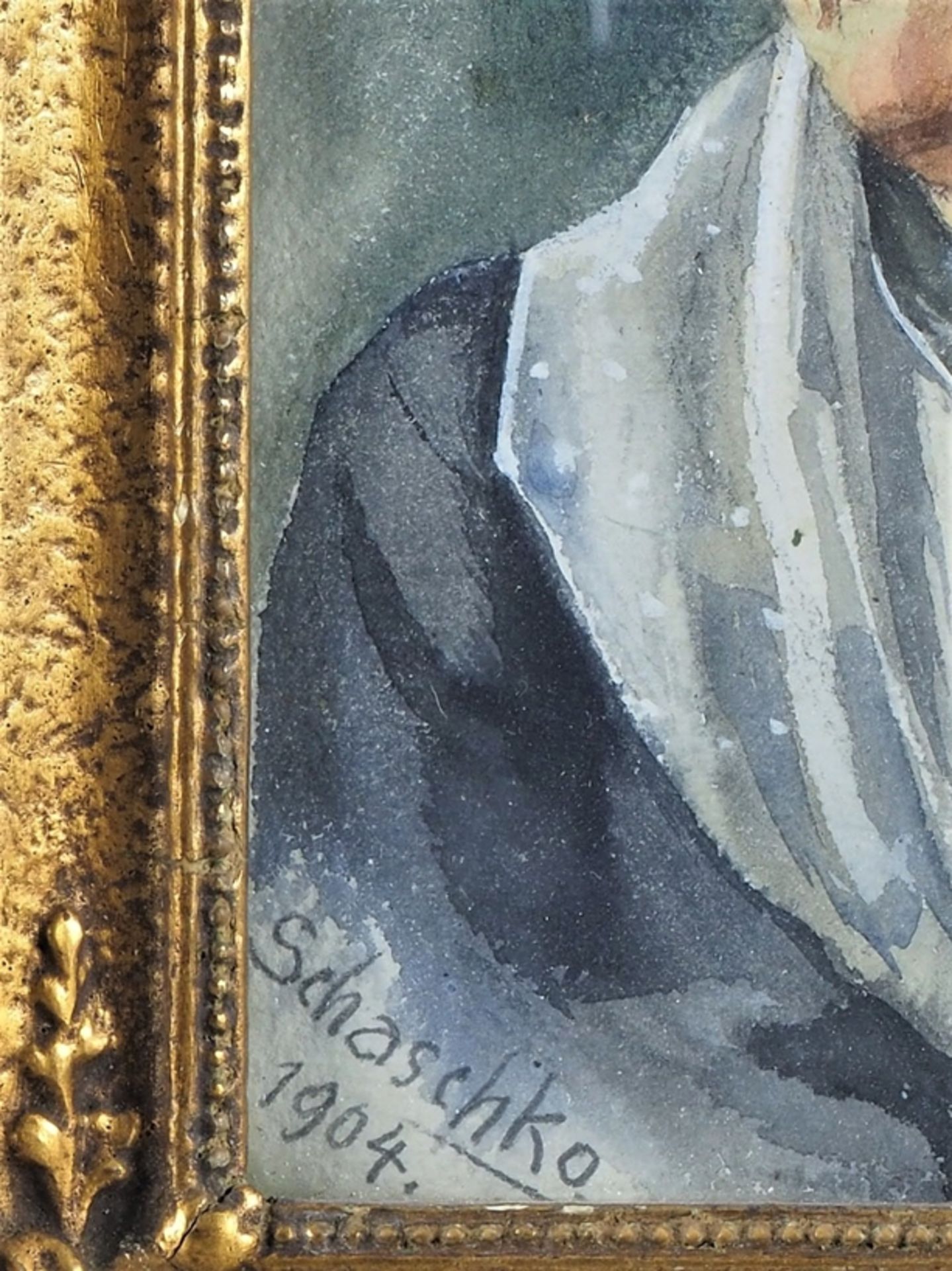 Jan Johann Schaschko (1866-1959) - Watercolor portrait of an elderly lady with a hood, 1904. - Image 2 of 3