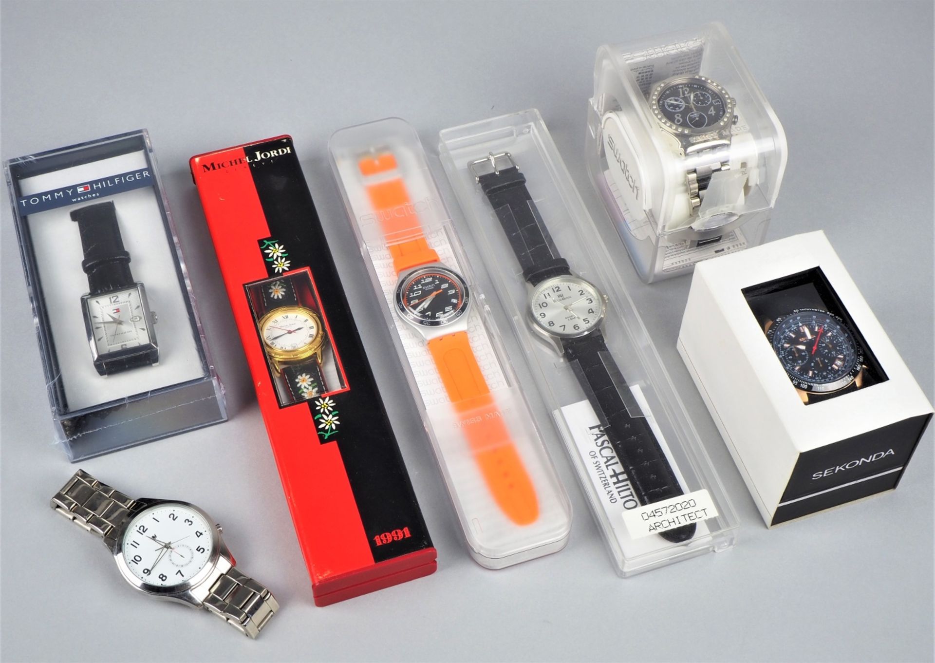 Convolute fashion wristwatches. Swatch, Hilfiger, Sekonda.