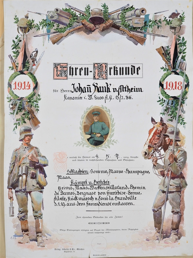 WW1, Honorary Certificate, Gunner in Württemberg Foot Artillery Regiment No. 13.