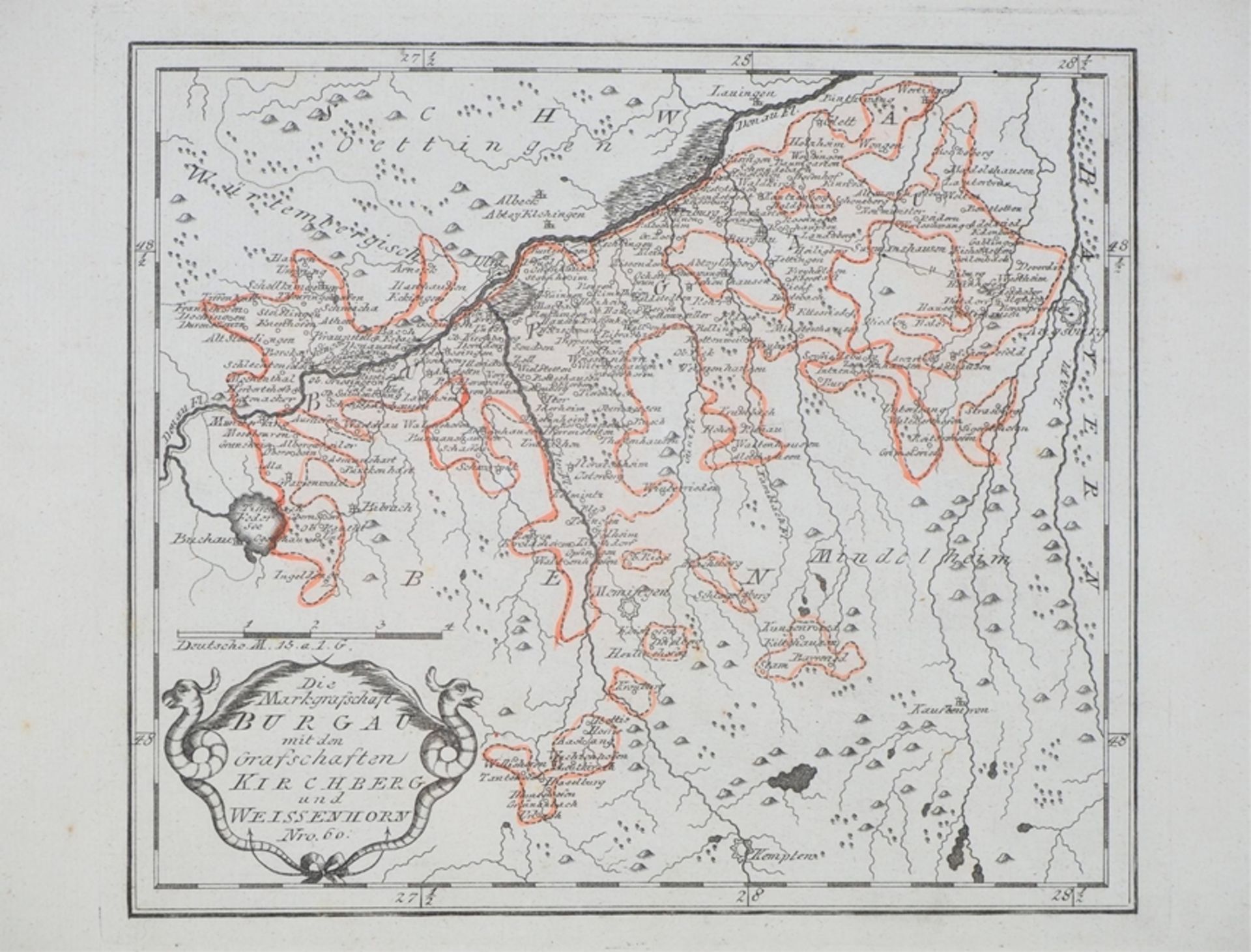 Map of Margraviate Burgau, Kirchberg, Weißenhorn, Reilly, about 1790