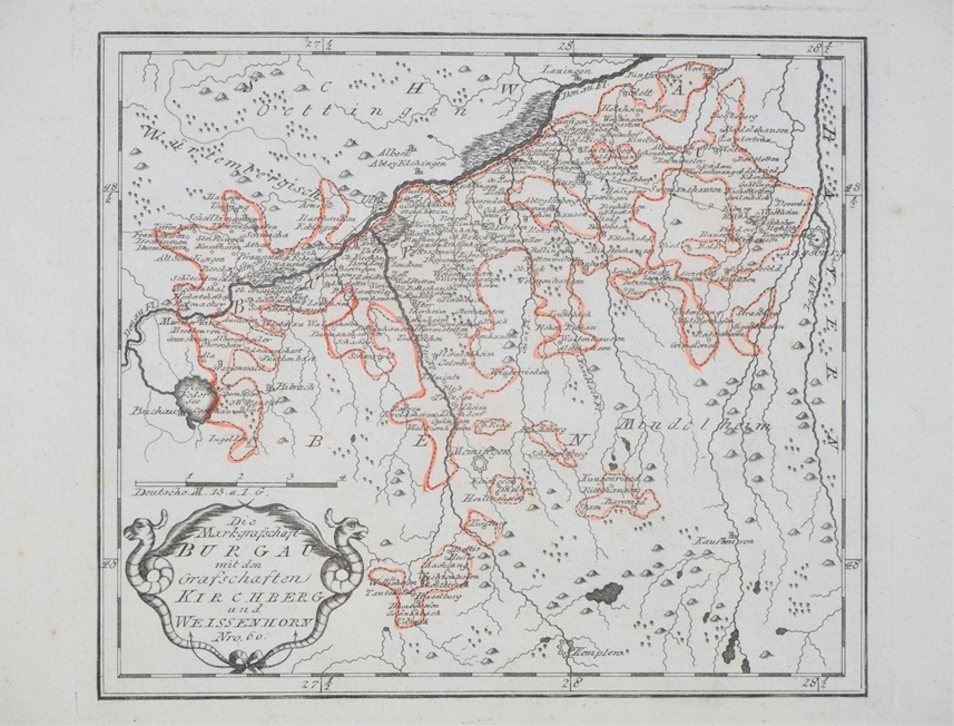 Landkarte Markgrafschaft Burgau, Kirchberg, Weißenhorn, Reilly, um 1790